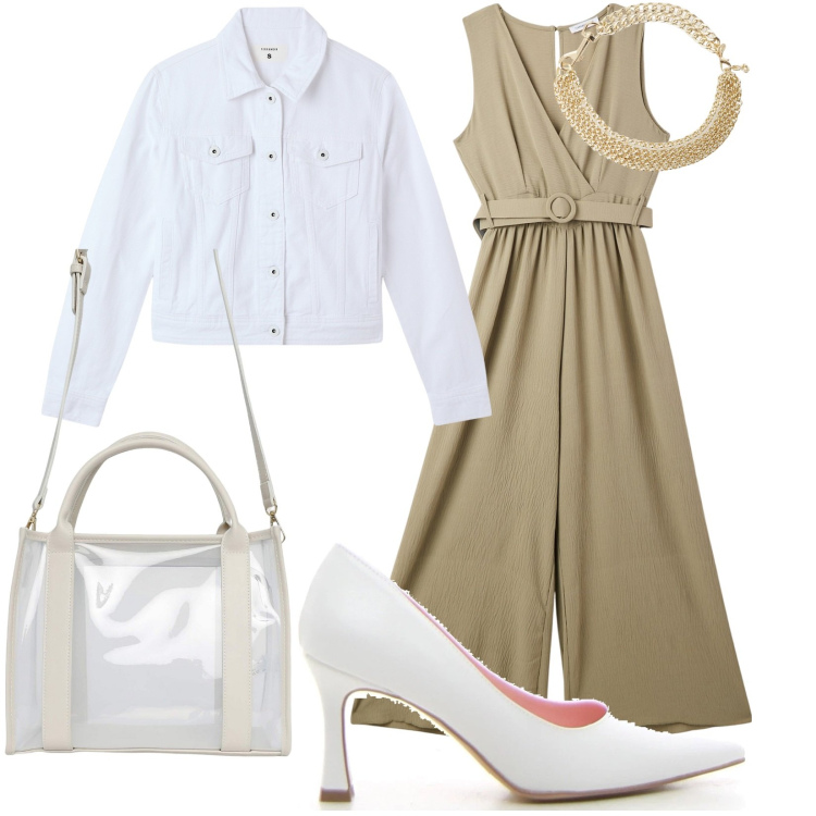 Outfit donna - Tuta non tuta. Stile Casual chic per Cerimonia. Abbinamento con tute, borse tote, blazer, collane, décolleté.