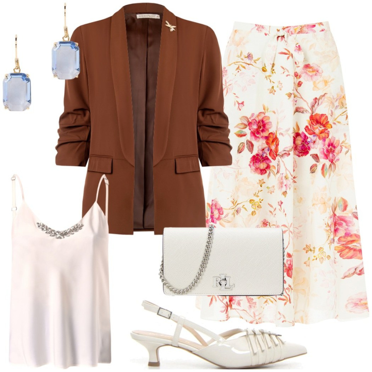 Outfit donna - Dettagli raffinati per sentirsi unica. Stile Chic per Cerimonia. Abbinamento con gonne longuette, blazer, top, borse a tracolla, orecchini, décolleté.