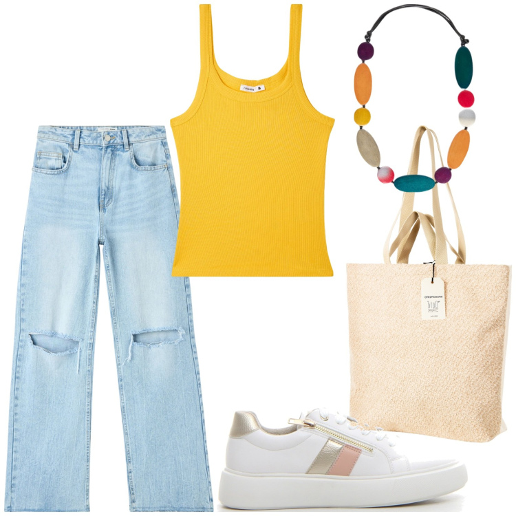 Outfit donna - Total look #2200898. Stile Basic per Tutti i giorni. Abbinamento con jeans strappati, canottiere, borse tote, collane, sneakers.