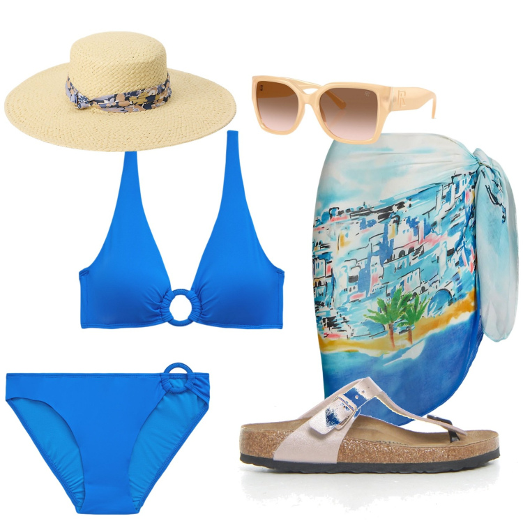 Outfit donna - Via in spiaggia. Stile Sporty chic per Mare. Abbinamento con occhiali da sole, bikini, bikini, vestiti da spiaggia, cappelli, infradito.