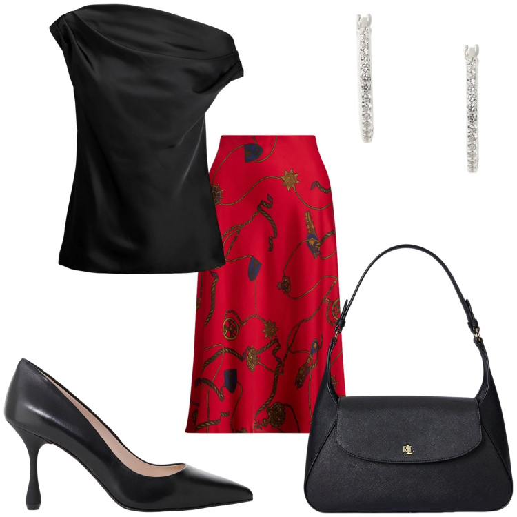 Outfit donna - Serata in amicizia. Stile Glamour per Serata fuori. Abbinamento con décolleté, borse a spalla, top, orecchini, gonne longuette.