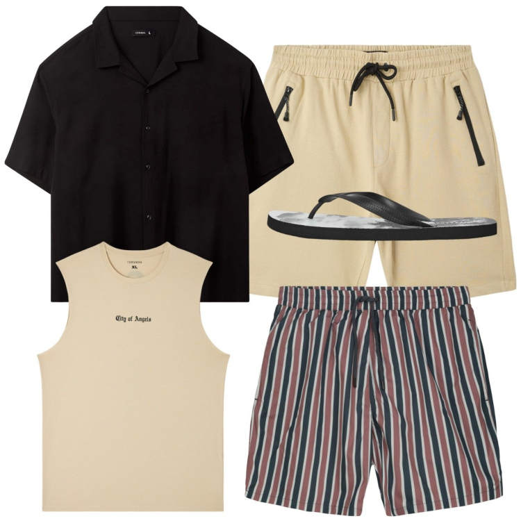 Outfit uomo - Stile “beach to bar”. Stile Casual per Mare. Abbinamento con canottiere, bermuda, sandali, camicie a manica corta, costumi.