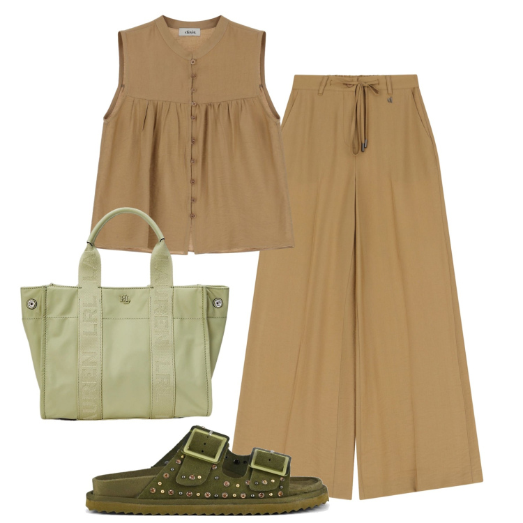 Outfit donna - Freschezza basica in città. Stile Basic per Tutti i giorni. Abbinamento con borse tote, camicie, pantaloni, sandali.