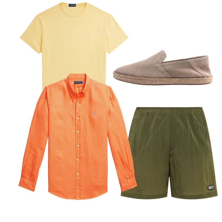 Outfit uomo - Colori solari: giallo, terracotta e verd. Stile Casual per Tutti i giorni. Abbinamento con t-shirt, camicie, espadrillas, shorts.