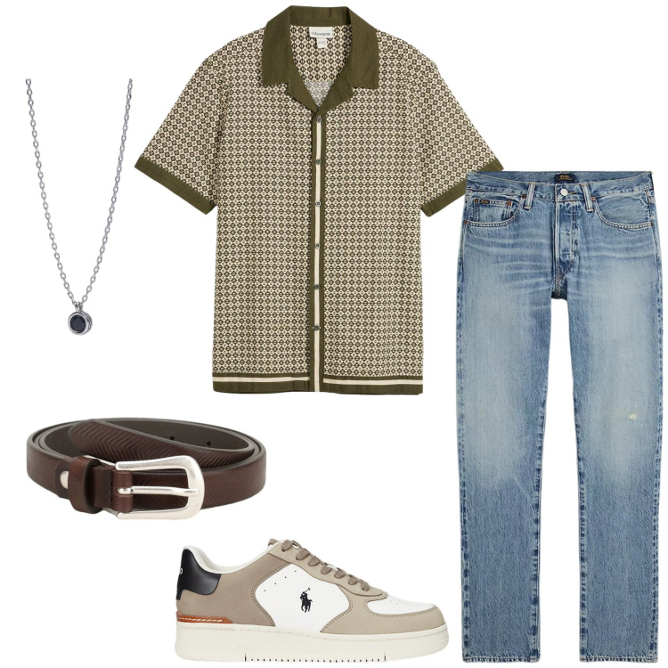 Outfit uomo - Total look #2200914. Stile Casual per Tutti i giorni. Abbinamento con camicie a manica corta, collane, cinture, sneakers, jeans.