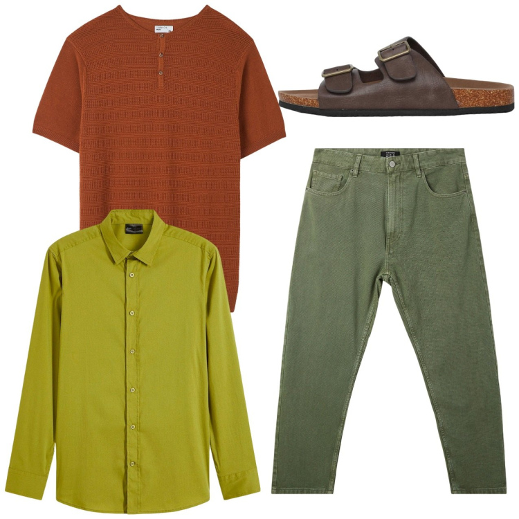 Outfit uomo - Colori solari: giallo, terracotta e verd. Stile Casual per Tutti i giorni. Abbinamento con camicie, sandali, t-shirt, pantaloni.