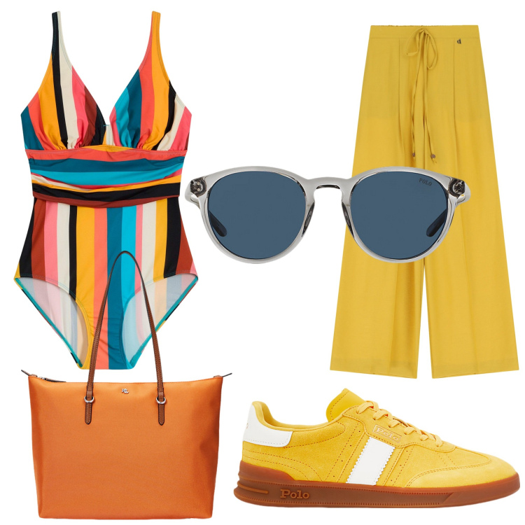 Outfit donna - Total look #2200916. Stile Casual chic per Mare. Abbinamento con costumi interi, pantaloni, occhiali da sole, borse tote, sneakers.