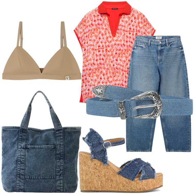 Outfit donna - Sbarazzina in jeans e maglietta. Stile Casual per Tutti i giorni. Abbinamento con shopping bag, cinture, jeans, reggiseni, zeppe, bluse.