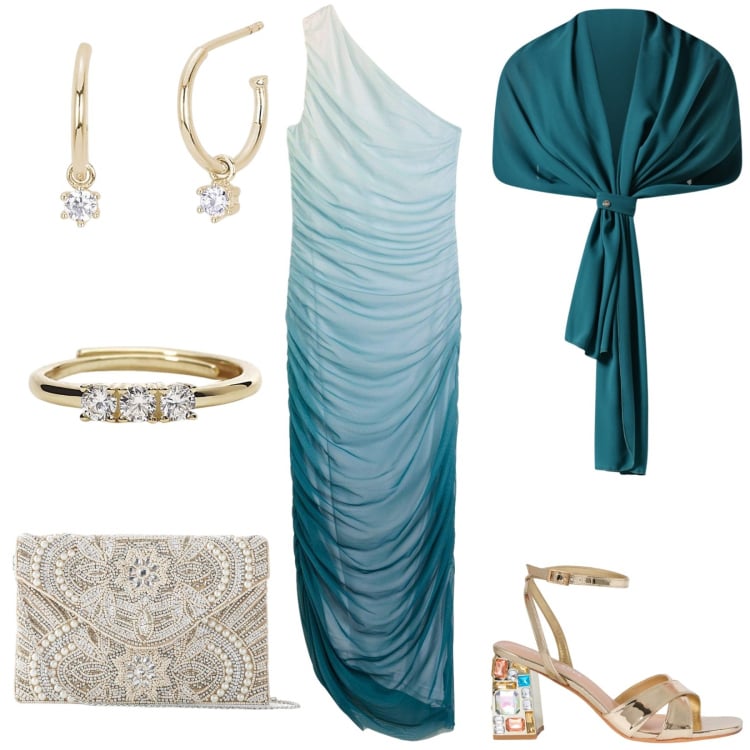 Outfit donna - Luglio: invitata al matrimonio. Stile Chic per Cerimonia. Abbinamento con vestiti asimmetrici, pochette, sandali gioiello, orecchini, anelli, scialli.