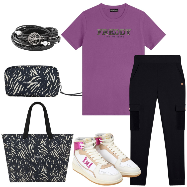 Outfit donna - Total look #2200927. Stile Sporty chic per Tutti i giorni. Abbinamento con braccialetti, pantaloni cargo, shopping bag, valigie, t-shirt, sneakers alte.