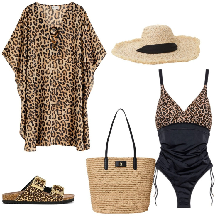 Outfit donna - Leopardo al mare. Stile Trendy per Mare. Abbinamento con vestiti da spiaggia, cappelli, borse tote, costumi interi, sandali in pelle.