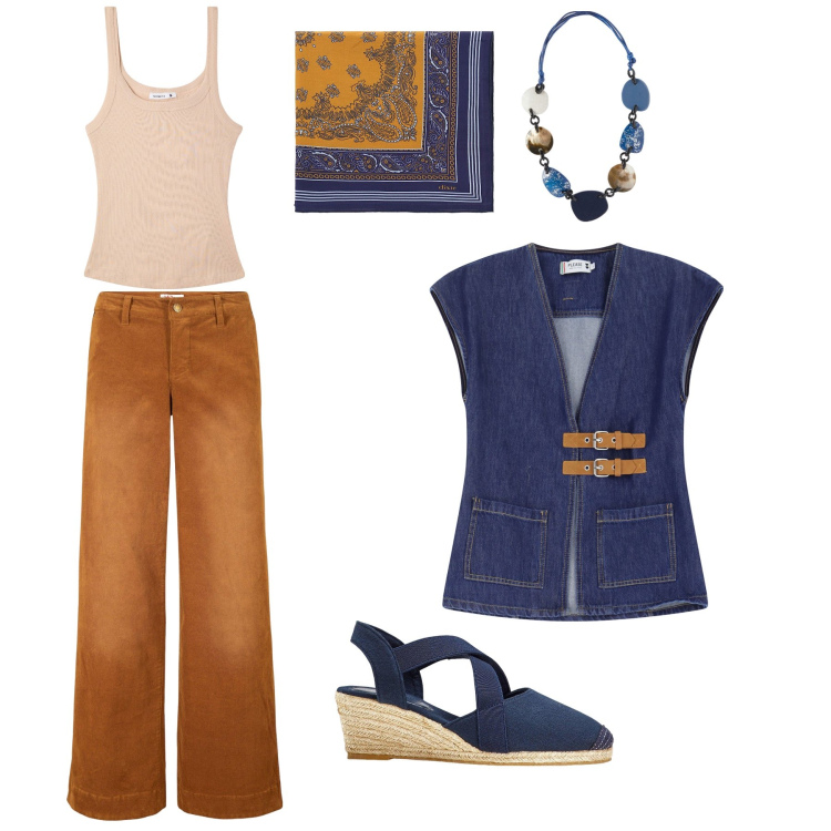Outfit donna - In città. Stile Casual per Tutti i giorni. Abbinamento con pantaloni, sandali col tacco, canottiere, gilet, foulard, collane.