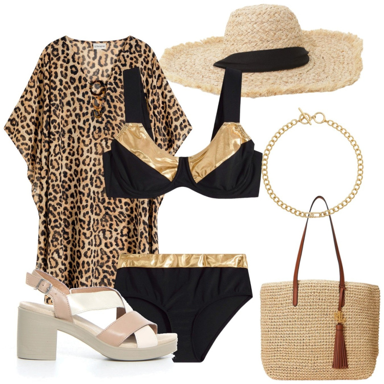 Outfit donna - Wild in spiaggia. Stile Chic per Mare. Abbinamento con vestiti da spiaggia, bikini, cappelli, borse tote, collane, sandali col tacco.