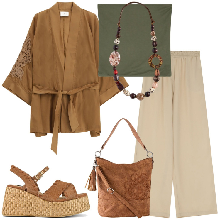 Outfit donna - Total look #2200935. Stile Etnico per Tutti i giorni. Abbinamento con borse a mano, pantaloni a palazzo, top, cappotti, zeppe, collane.
