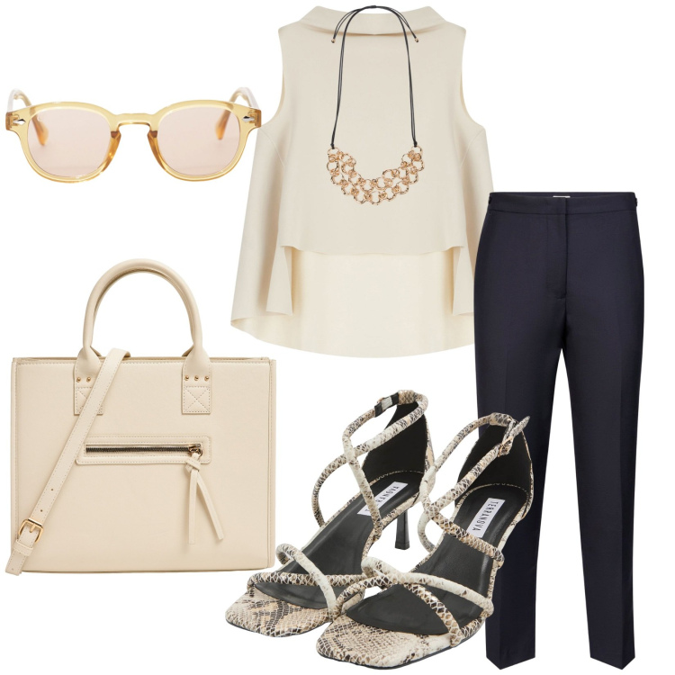 Outfit donna - Total look #2200937. Stile Minimal per Tutti i giorni. Abbinamento con sandali col tacco, shopping bag, occhiali da sole, top, collane, pantaloni.
