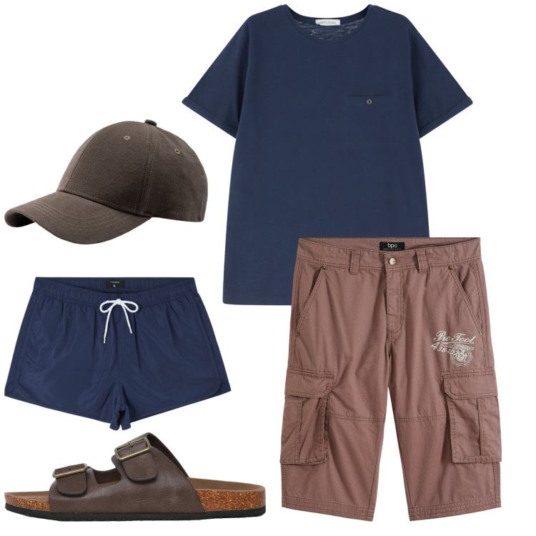 Outfit uomo - Al mare. Stile Casual per Mare. Abbinamento con bermuda, costumi, sandali, t-shirt, cappelli con visiera.