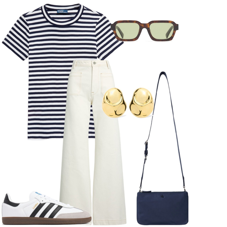 Outfit donna - Paris. Stile Basic per Tutti i giorni. Abbinamento con t-shirt, jeans, borse a tracolla, sneakers, orecchini, occhiali da sole.