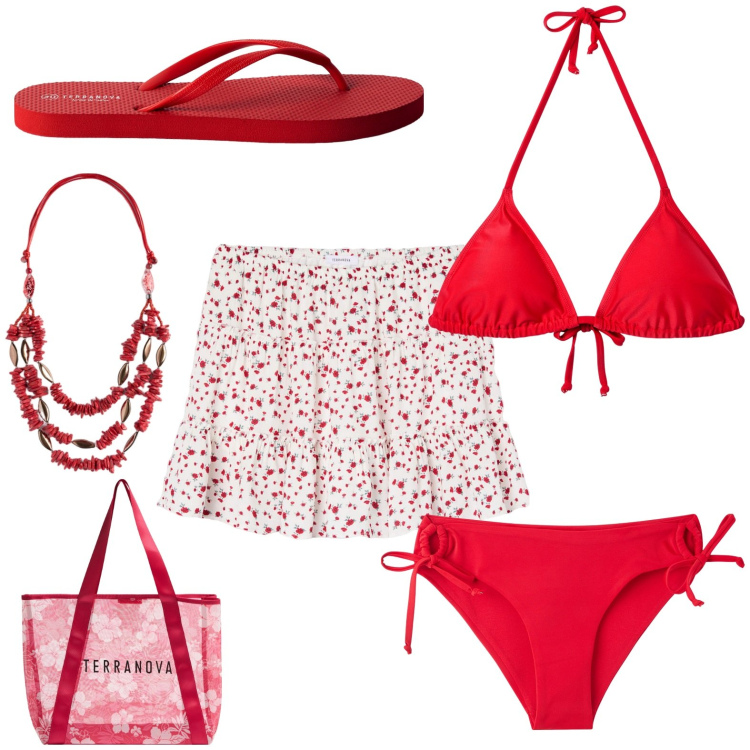 Outfit donna - Red. per Mare. Abbinamento con minigonne, shopping bag, infradito, bikini, bikini, collane.