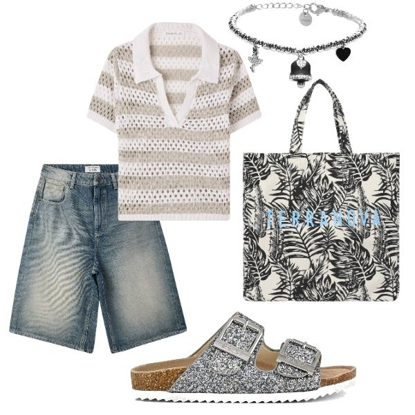 Outfit donna - Outifit di luglio. Stile Casual per Tutti i giorni. Abbinamento con borse tote, bermuda, t-shirt, braccialetti, sandali.