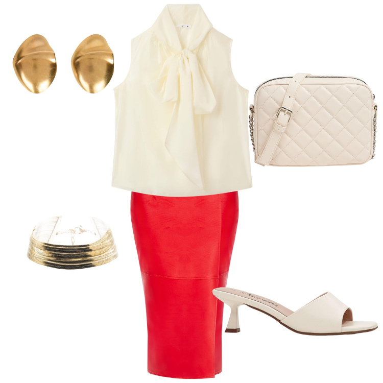 Outfit donna - Glamour. Stile Glamour per Serata fuori. Abbinamento con ciabatte, bluse, borse a tracolla, gonne longuette, braccialetti, orecchini.