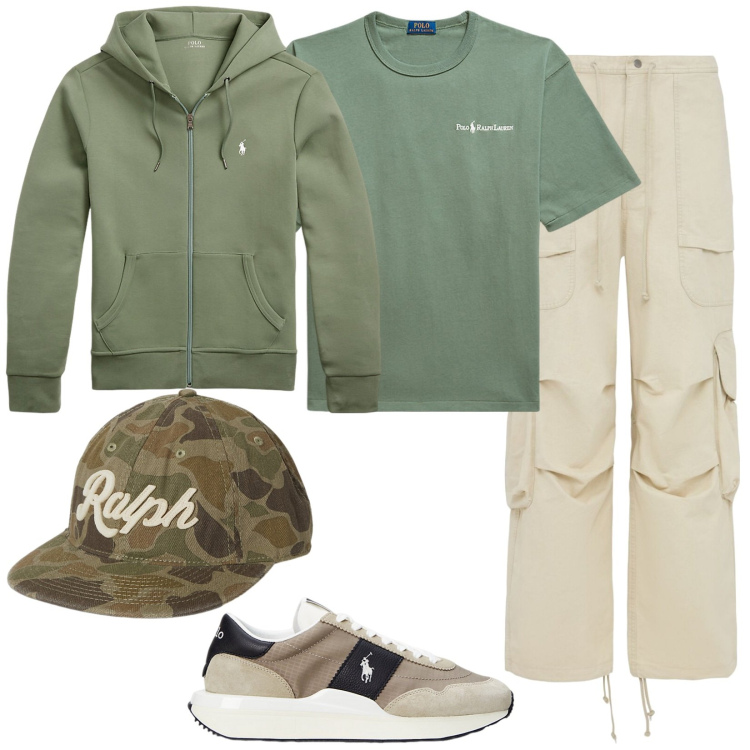 Outfit uomo - Giornata in montagna. Stile Casual per Sport. Abbinamento con felpe, t-shirt, sneakers, cappelli con visiera, pantaloni cargo.