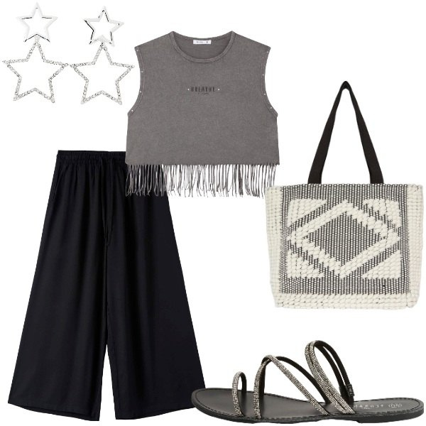 Outfit donna - Le serate di Luglio. Stile Casual chic per Serata fuori. Abbinamento con top, pantaloni a palazzo, orecchini, sandali, shopping bag.
