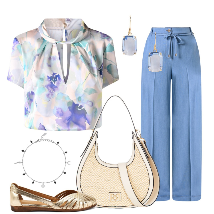 Outfit donna - Rinascimento in saldo. Stile Chic per Tutti i giorni. Abbinamento con borse a mano, pantaloni, bluse, braccialetti con ciondoli, orecchini, ballerine.