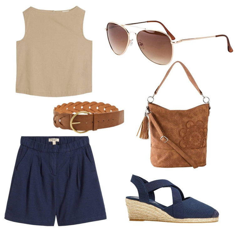 Outfit donna - Bella comoda. Stile Basic per Tutti i giorni. Abbinamento con bermuda, top, sandali col tacco, borse a mano, occhiali da sole, cinture.