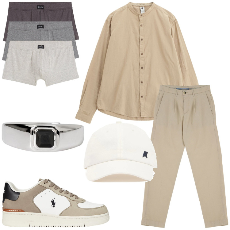 Outfit uomo - Total look #2200950. Stile Urban per Tutti i giorni. Abbinamento con boxer, anelli, pantaloni chino, camicie, sneakers, cappelli.