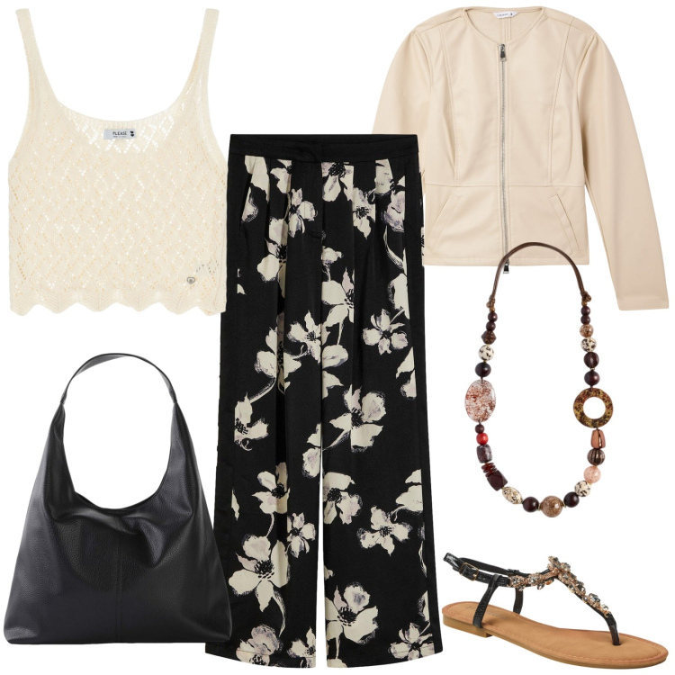 Outfit donna - Andando in ufficio oggi, 9 luglio: 11°C. Stile Casual chic per Ufficio. Abbinamento con shopping bag, pantaloni a palazzo, blazer, sandali gioiello, top, collane.