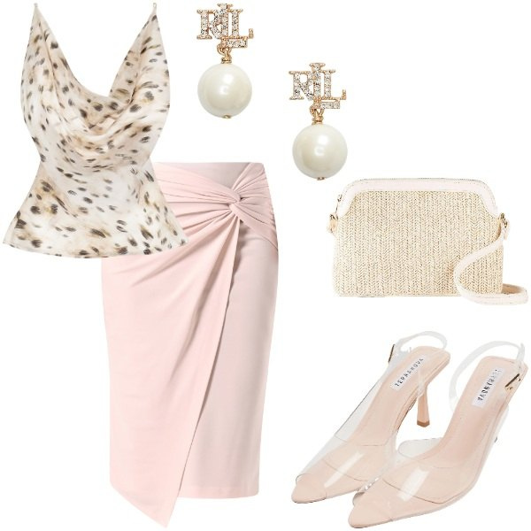 Outfit donna - Cerimonia tra intimi. Stile Glamour per Serata fuori. Abbinamento con borse a tracolla, sandali col tacco, gonne, top, orecchini.