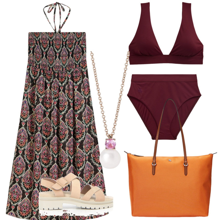 Outfit donna - Bikini. Stile Chic per Mare. Abbinamento con vestiti da spiaggia, collane, borse tote, bikini, bikini, sandali.
