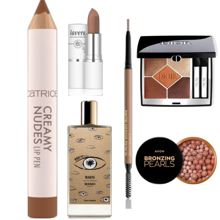 Outfit donna - colore d\'autunno. Abbinamento con ombretti, blush, profumi, rossetti, eyeliner, matite labbra.