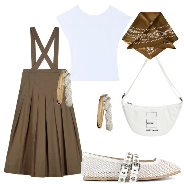 Outfit donna - Serata tra amici. Stile Casual chic per Serata fuori. Abbinamento con t-shirt, marsupi, orecchini, gonne lunghe, ballerine, foulard.