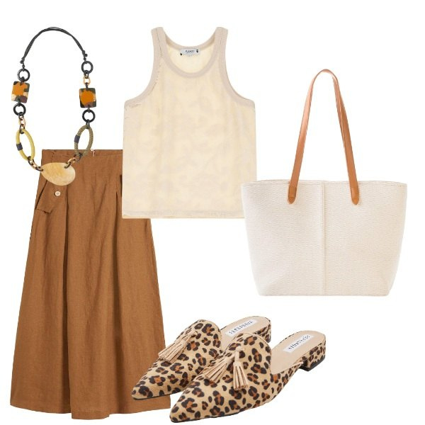 Outfit donna - Le serate di Luglio. Stile Casual chic per Serata fuori. Abbinamento con gonne, shopping bag, sabot, top, collane.