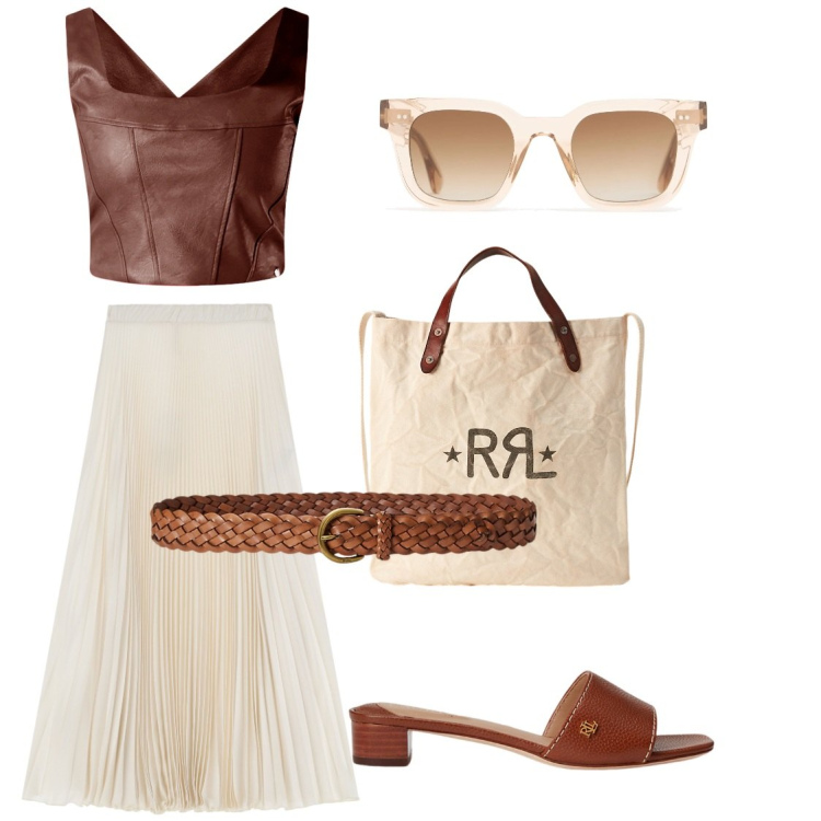 Outfit donna - Passione cuoio. Stile Trendy per Tutti i giorni. Abbinamento con top, gonne lunghe, cinture, sandali in pelle, borse tote, occhiali da sole.