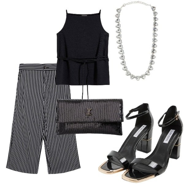 Outfit donna - A cena fuori. Stile Casual chic per Serata fuori. Abbinamento con top, sabot, pantaloni a palazzo, collane, borse a tracolla.