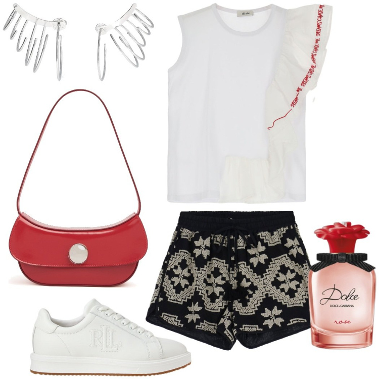 Outfit donna - Estate in città. Stile Preppy per Serata fuori. Abbinamento con profumi, sneakers, t-shirt, shorts, orecchini, borse a spalla.