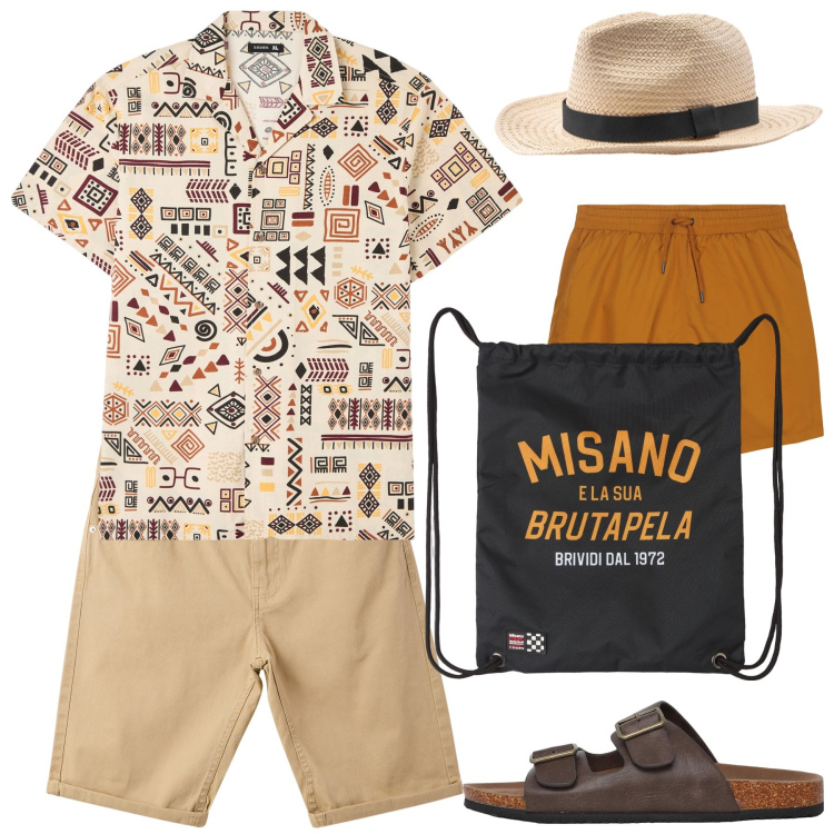 Outfit uomo - Akuna Matata. Stile Casual Abbinamento con borse sportive, camicie a manica corta, bermuda, sandali, costumi, cappelli.