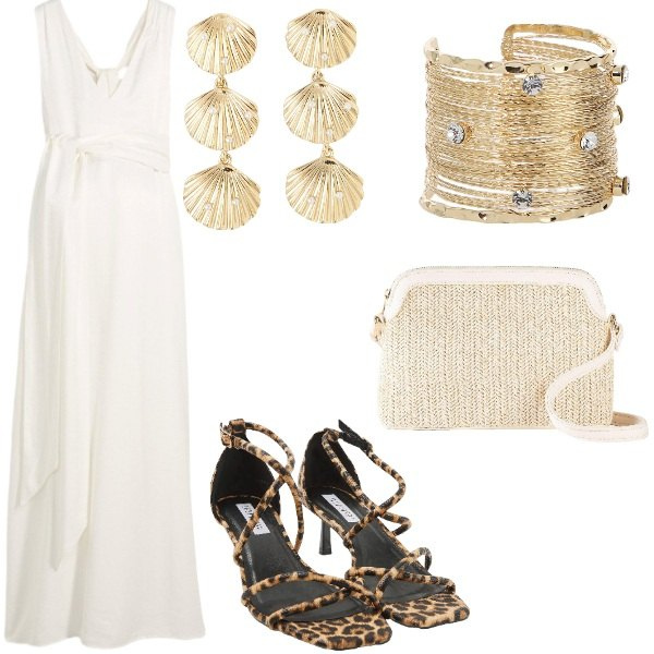 Outfit donna - A cena fuori. Stile Casual chic per Serata fuori. Abbinamento con vestiti, borse a tracolla, orecchini, sandali col tacco, braccialetti.