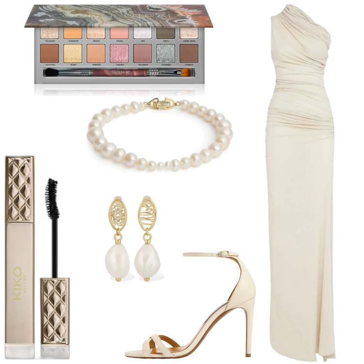 Outfit donna - Sposa a luglio. Stile Chic per Cerimonia. Abbinamento con ombretti, mascara, sandali col tacco, vestiti, orecchini, braccialetti.