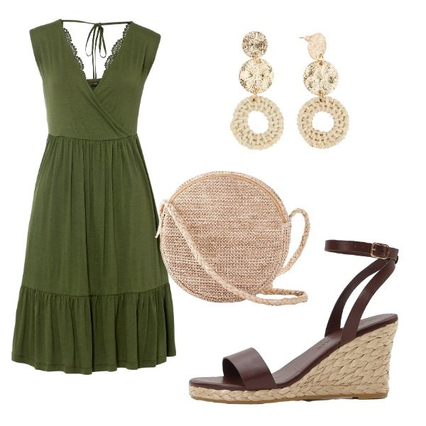 Outfit donna - Outifit di luglio. Stile Casual per Tutti i giorni. Abbinamento con vestiti, sandali, orecchini, borse a tracolla.