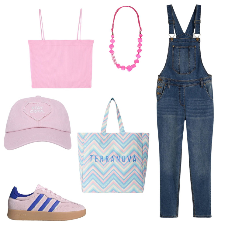 Outfit donna - Total look #2200985. Stile Casual per Tutti i giorni. Abbinamento con salopette, cappelli, canottiere, borse tote, collane, sneakers.