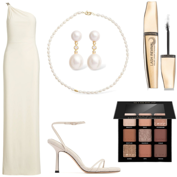 Outfit donna - Sposa a luglio. Stile Chic per Cerimonia. Abbinamento con mascara, ombretti, vestiti asimmetrici, orecchini, collane, sandali in pelle.