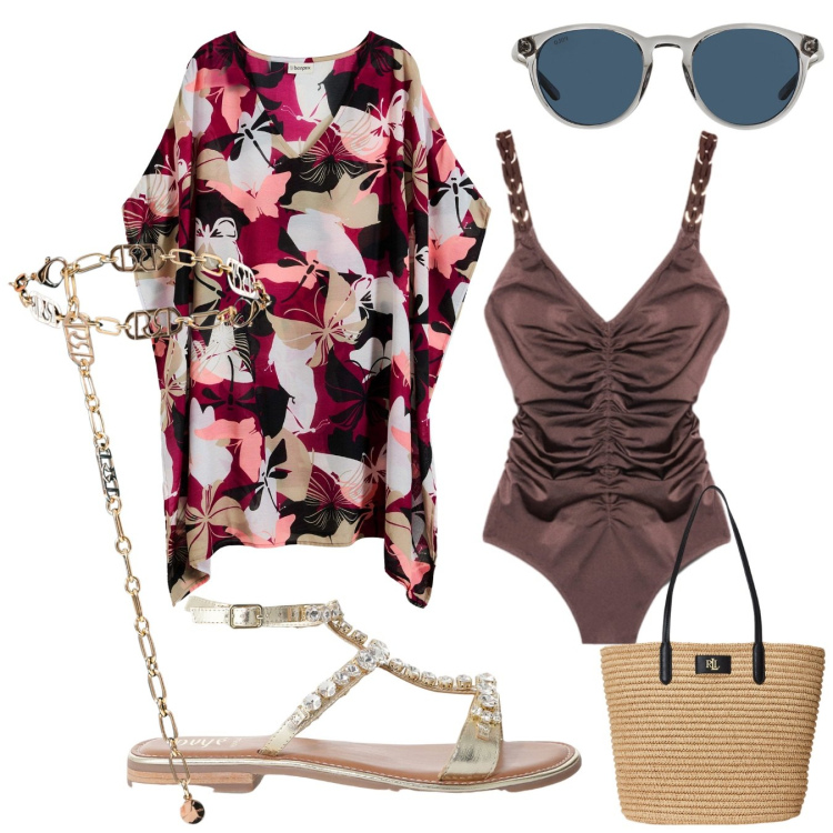Outfit donna - In spiaggia. Stile Chic per Mare. Abbinamento con vestiti da spiaggia, cinture, sandali, occhiali da sole, borse tote, costumi interi.