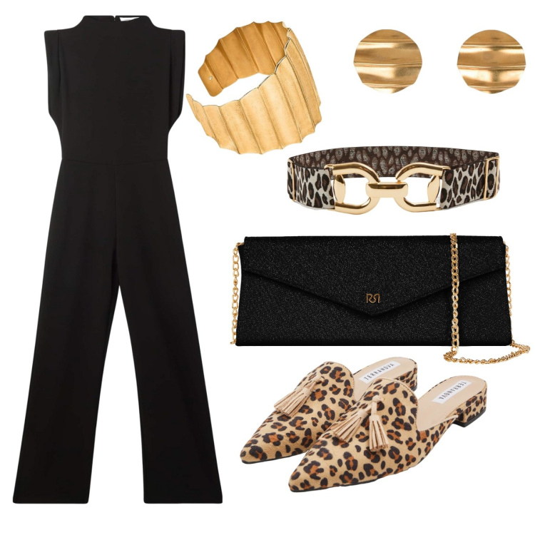 Outfit donna - Jumpsuit e oro. Stile Chic per Serata fuori. Abbinamento con sabot, cinture, tute, pochette, braccialetti, orecchini.