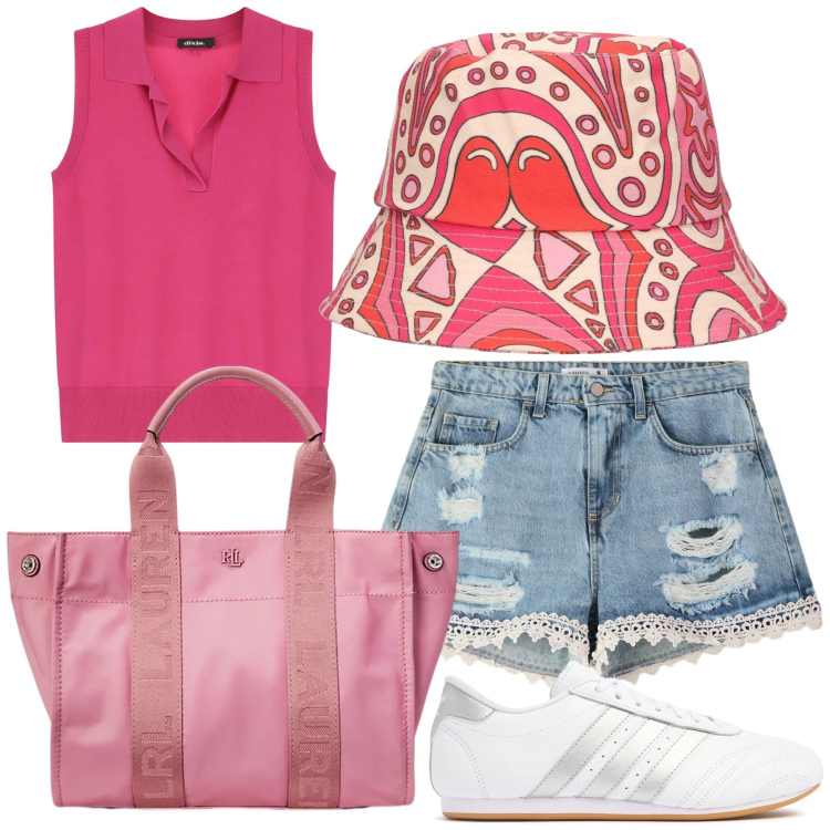 Outfit donna - Al bar. Stile Casual chic per Tutti i giorni. Abbinamento con shorts, maglieria, borse tote, cappelli, sneakers.