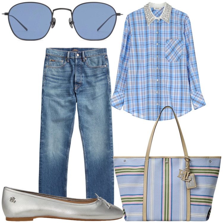Outfit donna - Camicia e jeans per la città. Stile Sporty chic per Tutti i giorni. Abbinamento con camicie, ballerine, borse tote, jeans dritti, occhiali da sole.