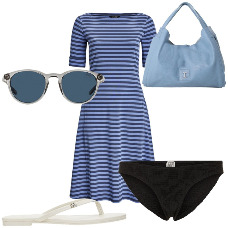 Outfit donna - Total look #2201058. Stile Trendy per Mare. Abbinamento con pochette, occhiali da sole, ciabatte, vestiti, bikini.