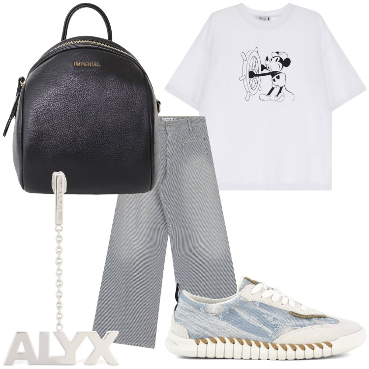 Outfit donna - Giardinetto. Stile Casual chic per Tutti i giorni. Abbinamento con jeans a zampa, t-shirt, zaini, sneakers, orecchini.